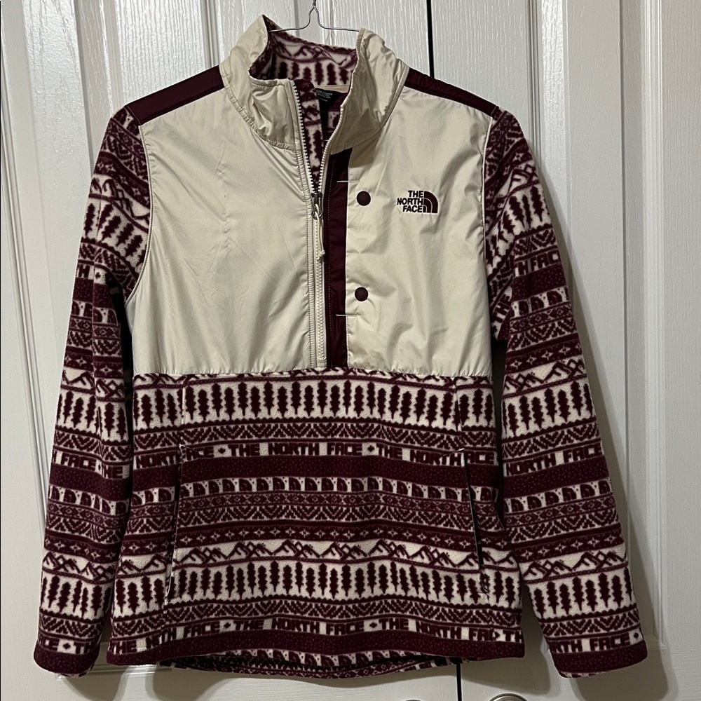 The North Face Cream and Burgundy Aztec Patterned Fleece Pullover Large